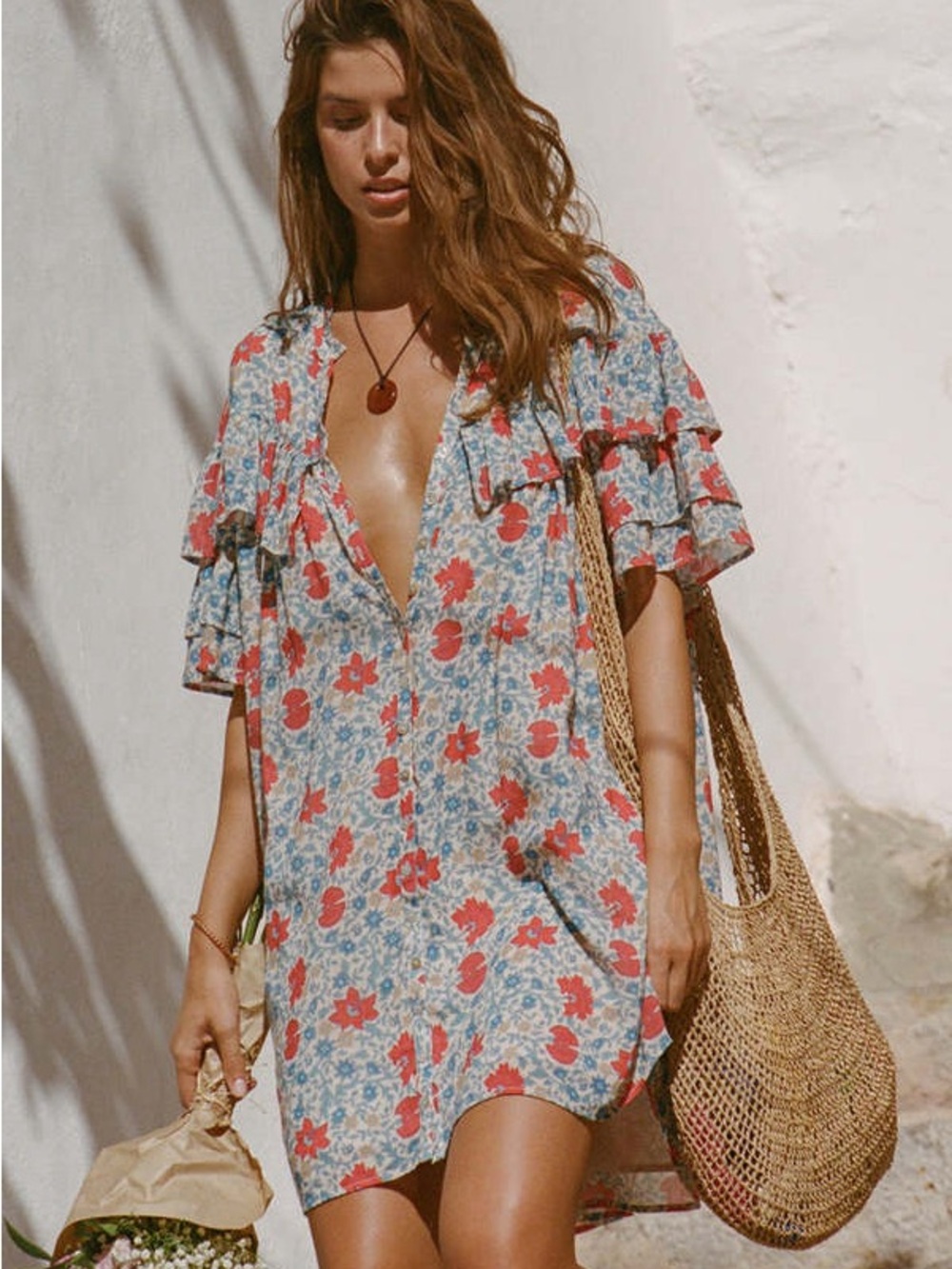 Spell Floral Ruffle Dress in Red & Blue, M